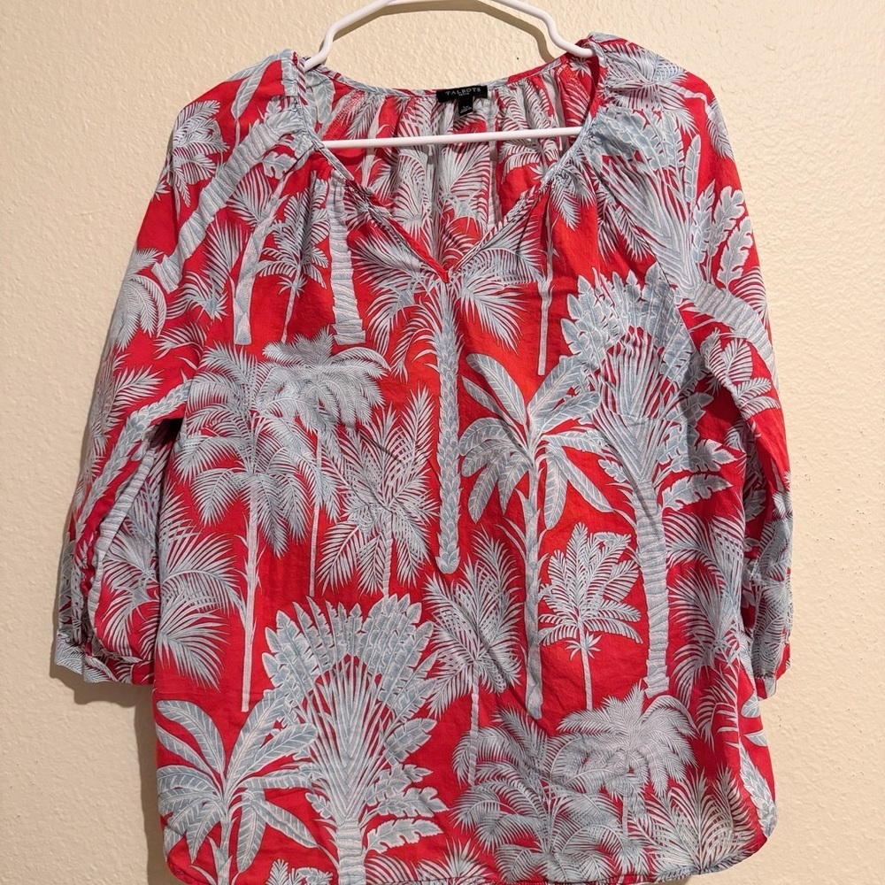 Talbots Womens Blouse Size Large Ref Palm Leaf Print 3/4 Sleeve Light Weight Top